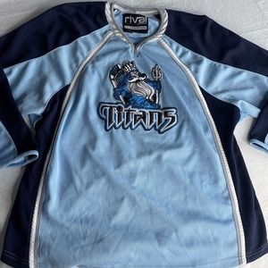 Hockey jersey Blue Titans Sz M #14 Game Worn Stitch Logo Trident ￼Poseidon